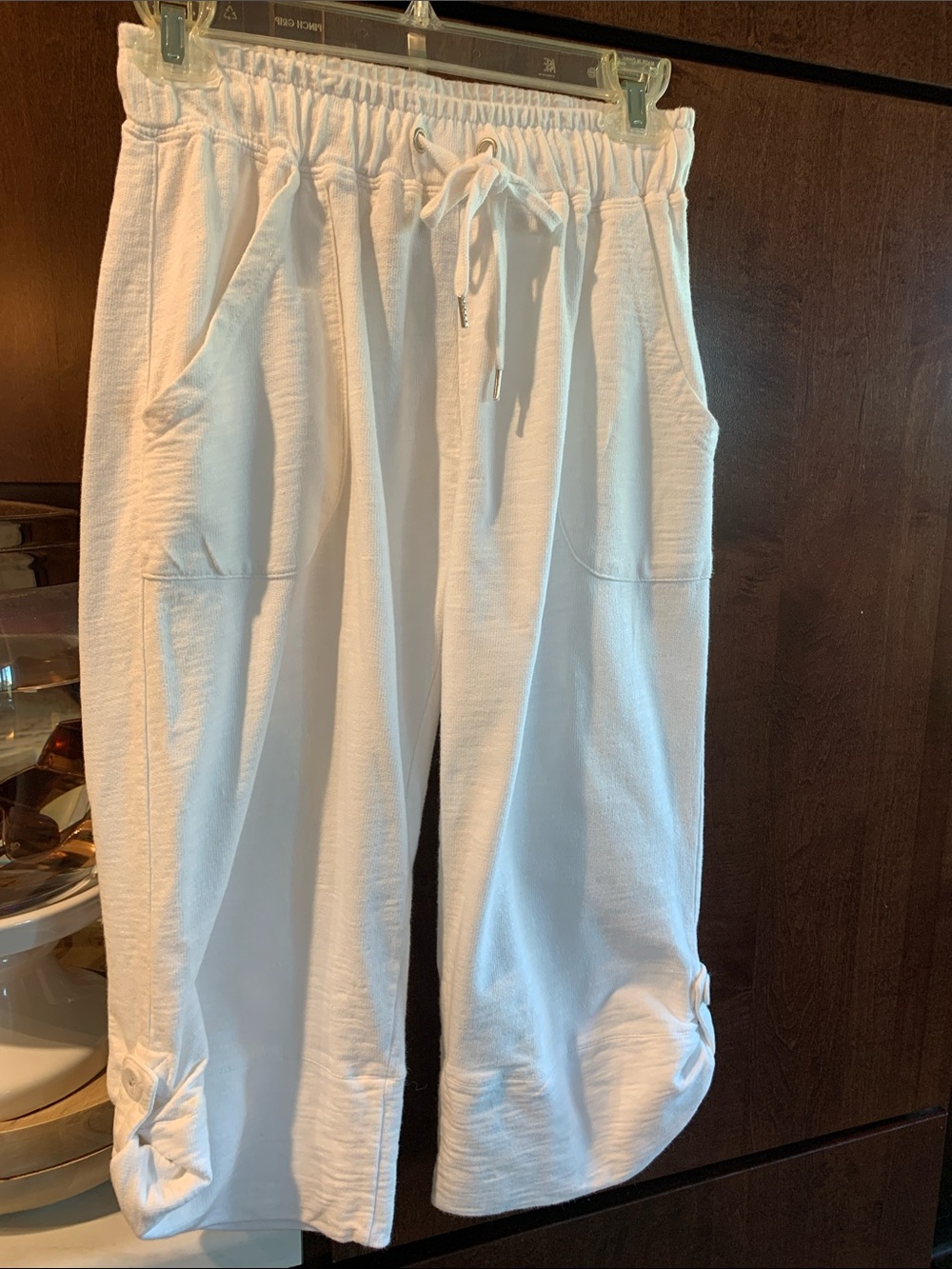 Women’s White Drawstring Crop Pants with Button Cuff